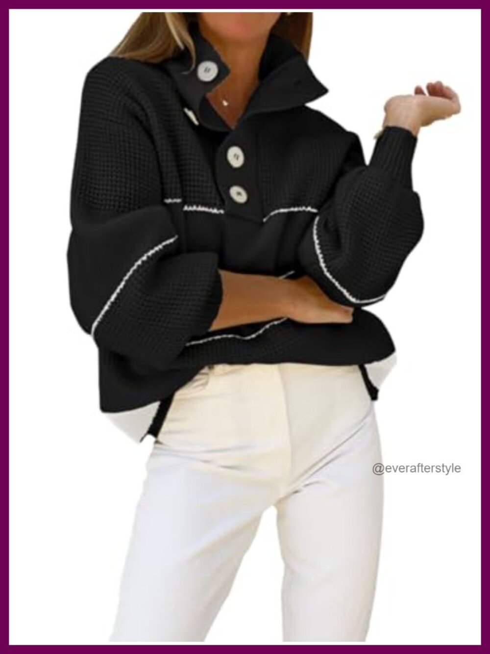 Waffle Knit Slouchy Oversized Pullover Sweater Button Polo Collar